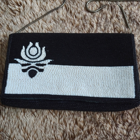 Walborg Vintage 60s Black White Beaded Purse Lotus - Picture 2 of 7